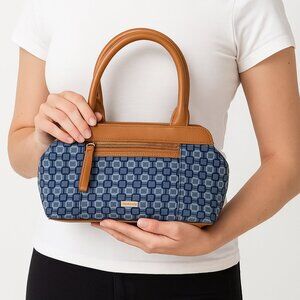 Nine West Geometric Print Tan Leather Top‎ Handle Satchel Bag Purse